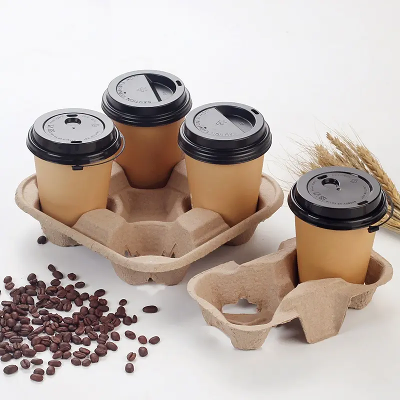 Taza de café desechable Biodegradable para llevar bebidas, bandeja de soporte de 2 tazas de pulpa de papel