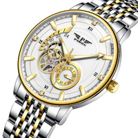 PINDU Business Elegante Halb-Skelett Herren Automatik-Mechanische Uhr mit Diamant-Stundenmarkierungen