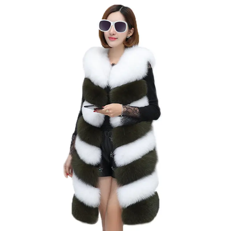 Hot Sale Long Gilet Faux Fox Fur Women Stripe splicing Vest