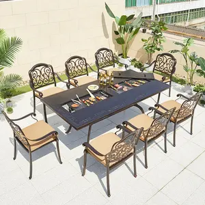 Set restoran portabel perabot pintar luar ruangan makan BBQ cor aluminium Garden Set dengan 8 kursi dan 1 meja