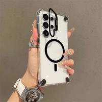 Casing Ponsel Anti Benturan Empat Sudut dengan Penutup Lensa Flip Magnetik dan Penyangga untuk Samsung Galaxy S26 Ultra S24 Ultra S23 Ultra