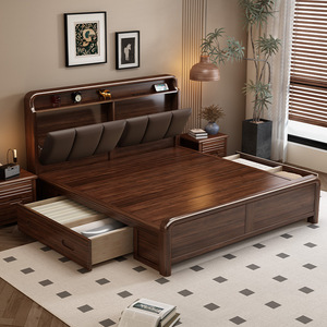 <b>Walnut</b> Solid Wood Upholstered Storage Bed 1.8x2 Meters Modern Minimalist Chinese Light Luxury Master Bedroom Double Bed - Product Image 3