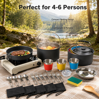 Ensemble d'accessoires de camping en plein air, grande marmite suspendue, poêle extra large, tasses, assiettes, fourchettes et cuillères en acier inoxydable