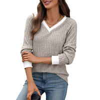 Suéter Básico Casual Holgado de Manga Larga con Cuello en V y Ribetes Blancos en Bloques de Color para Mujer, Tejido Acanalado, Estampado Personalizado