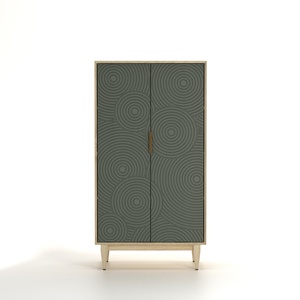 Armoire haute moderne à motifs CNC avec membrane vert olive et finition grain de bois - Product Image 1