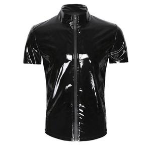 Chemises Tops Sexy en PVC <span class=keywords><strong>Latex</strong></span> Brillant pour Femmes, Manches Courtes, Fermeture Éclair, Col Roulé, Style Punk, Tenue de Soirée, Tops Sexy, Costumes - Product Image 6