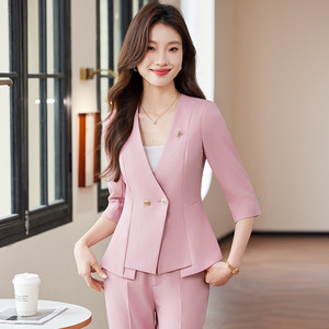 Women's Suit Set Light Blue Three Quarter Sleeve Satin Anti-Wrinkle Office Lady Spring 2025 Korean Style Blazer - Product Image 2