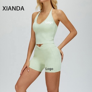 XIANDA OEM Crop top <span class=keywords><strong>de</strong></span> sport sans dos surdimensionné personnalisé avec logo vierge pour femmes, short <span class=keywords><strong>de</strong></span> compression en forme <span class=keywords><strong>de</strong></span> V, <span class=keywords><strong>tenue</strong></span> <span class=keywords><strong>de</strong></span> sport pour la <span class=keywords><strong>course</strong></span> à pied, le yoga - Product Image 2