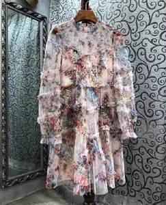 Gaun Fashion Terbaru Musim Semi Musim Panas 2022 Gaun Pesta Seksi Klub Wanita Menawan Motif Bunga Cascading Ruffle Motif Bunga Vestidos