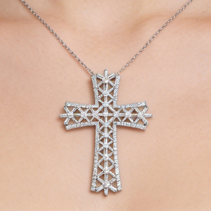 CUSTOM SILVER 10K/14K/18K GOLD PLATED LAB GROWN CVD DIAMOND CLASSIC ENGAGEMENT GIFT SWEATER <b>CHAIN</b> NECKLACE <b>CROSS</b> PENDANT VS - Product Image 4