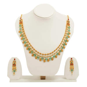 Conjunto de Collar y Aretes con Cuentas Verdes y Perlas, Chapado en Oro, Multicapa, para Mujer, Estilo Tradicional, Étnico, para Bodas y Fiestas - Product Image 1