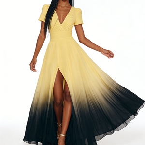 ชุดเดรสทรงวีคอ แขนสั้น ชายผ่าไล่สี ทรงกว้าง สำหรับผู้หญิง เสื้อผ้าแฟชั่น - Product Image 1