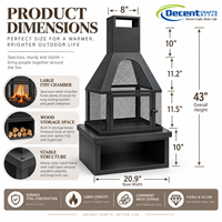 Cheminée à bois en fer noir mat avec foyer en maille, porte à charnières et rangement pour bûches, pour jardin et terrasse extérieure