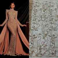 Tela de encaje con pedrería pesada estilo champán, malla de tul con cristales multicolor y diseño floral Paisley, por yarda, entrega rápida