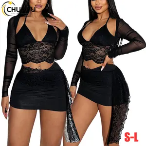 Women's Sexy V Neck Lace See Through Long Sleeve Crop Tops Mini Bodycon Dress Sheer Aesthetic Summer Going Out Streetwear