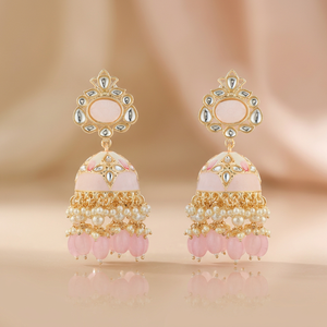 Pendientes Jhumki Clásicos de Moda, Chapados en Oro, con Incrustaciones de Meenakari Rosa, 108811, para Mujeres y Niñas, Regalo de Boda - Product Image 3