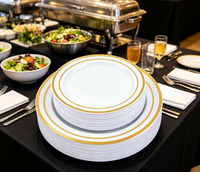 Assiettes en plastique blanches avec double bordure dorée, jetables, robustes, pour fêtes, mariages, banquets, anniversaires, traiteur