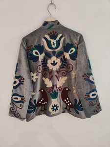 Boho Suzani <b>Velvet</b> <b>Jacket</b> Gray Coat with Colorful Bird Motifs Handmade Gray <b>Velvet</b> Suzani <b>Jacket</b> with Bird & Floral Embroidery - Product Image 6