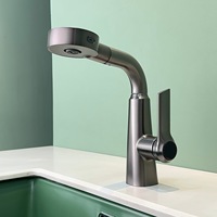 Robinet de lavabo de salle de bain moderne minimaliste à poignée unique en laiton brossé avec cartouche céramique, à poser sur le plan, pour eau chaude et froide