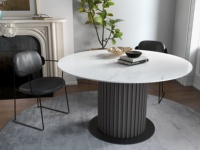 Table de dîner ronde moderne en pierre frittée recyclée avec plateau en céramique et pied en bois