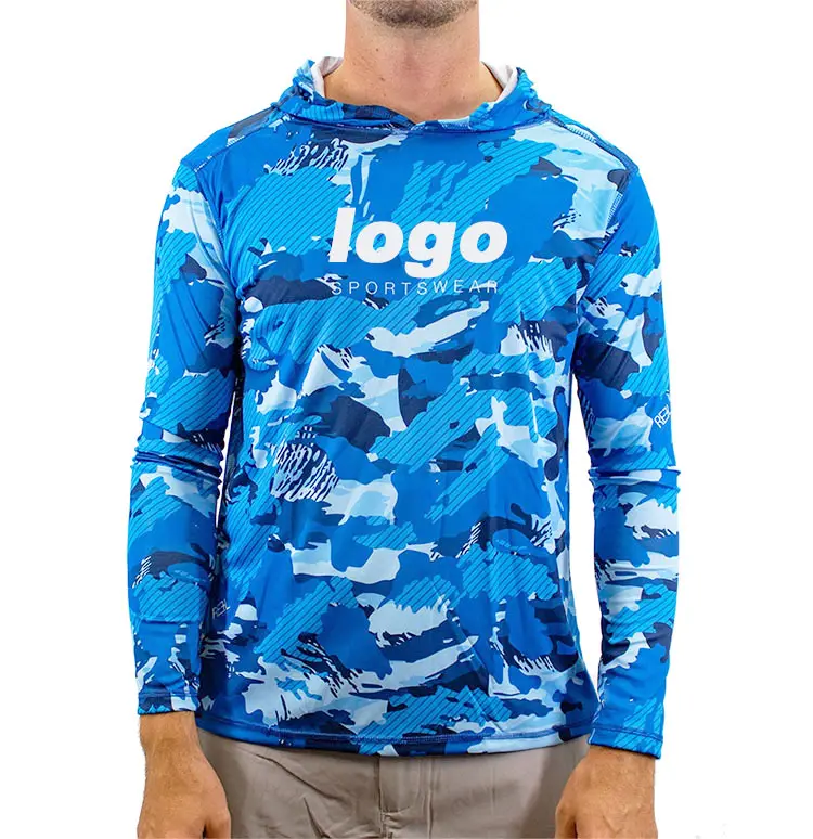 Custom Vented Recycled Fabric Sun Spf Upf Uv Outdoor Pelagic Hiking Sublimation Camo Blue Mens Long Sleeve Fishing Shirt Hoodie