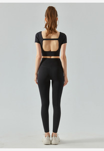 Wholesale Women Square Neck <b>Open</b> Back Yoga Crop Tops Stretch Short Sleeve Athletic T Shirts Built in <b>Bra</b> Gym Pilates Sports Tee - Product Image 5