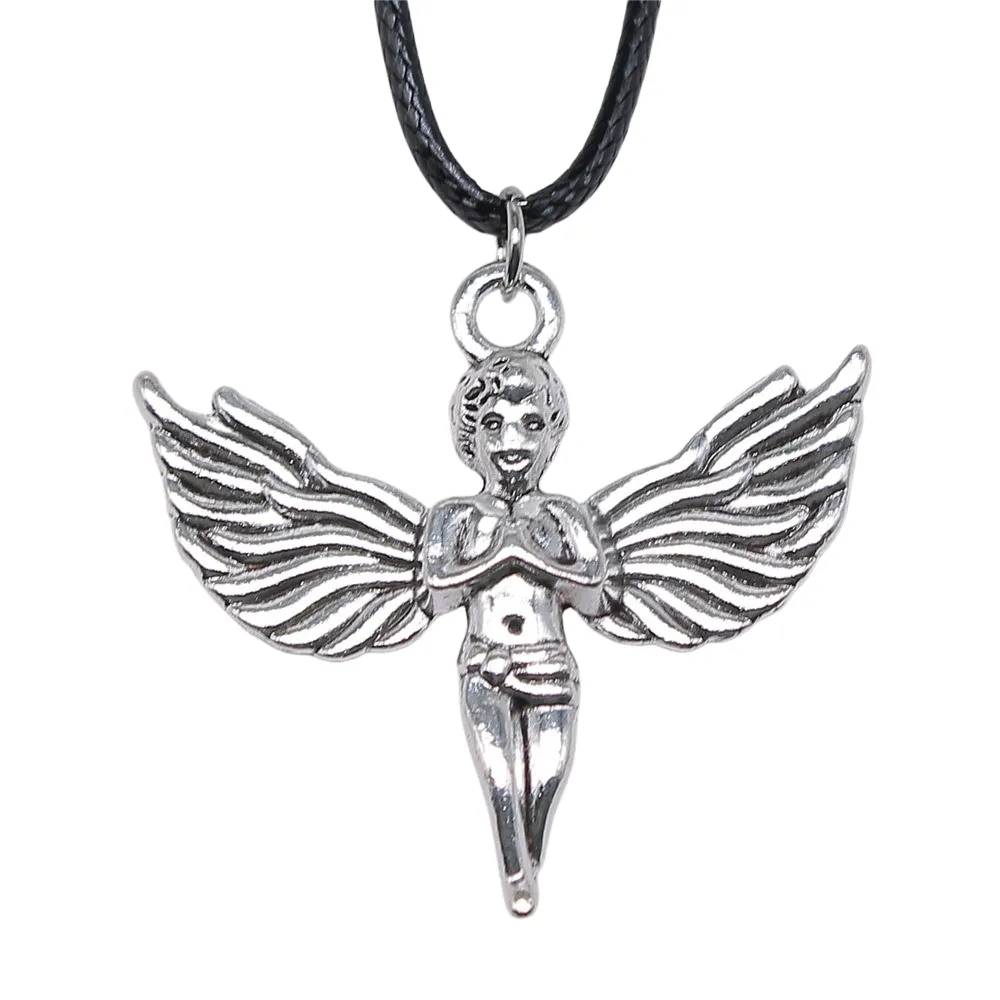 WYSIWYG 41x44mm Antique Silver Plated Angel With Wings Pendant Black Leather Cord Rope Chain Necklace N6-ABD-C14495