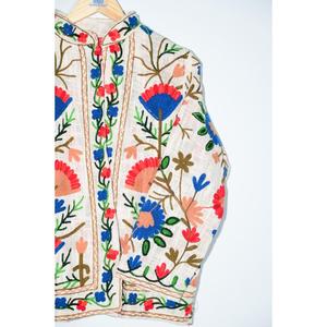 Chaqueta de Algodón con Bordado Floral a Mano para Mujer, Estilo Boho Étnico, Ecológica, Transpirable, Otoño Invierno, Manga Tres Cuartos, Corte Murciélago - Product Image 5