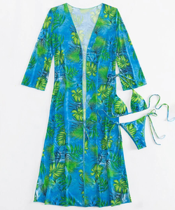 8Colors Ties Details Sexi Lady Basic Bikini Set Long <strong>Beach</strong> <strong>Kimono</strong> Print 3Pieces Set Swimwear - Product Image 2
