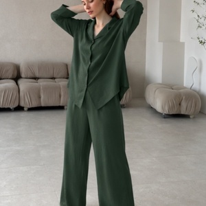 Pyjama élégant et décontracté pour <span class=keywords><strong>femme</strong></span>, style européen et américain, printemps-automne, manches longues, respirant, ensemble de vêtements de nuit en lin pour <span class=keywords><strong>femme</strong></span> - Product Image 1