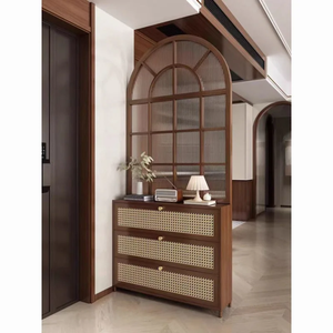 Paravent en bois massif avec verre cannelé de style vintage français, porte d'entrée, armoire à chaussures européenne, séparateur de salon, salle de bain, chambre à coucher - Product Image 4