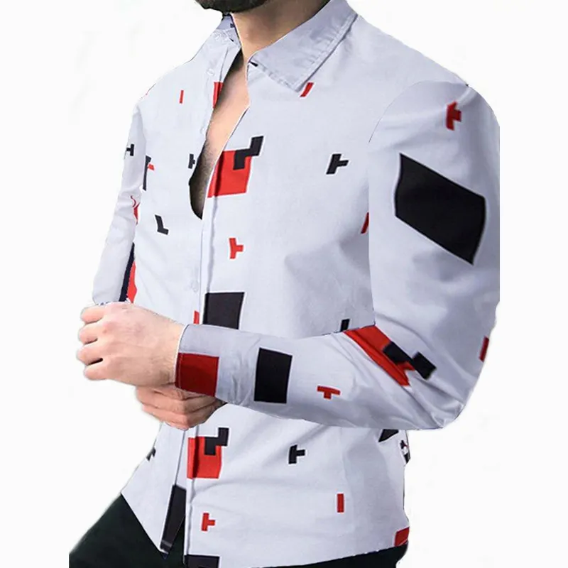 Hot sale men's single-breasted shirt slim 3D color block printing long-sleeved shirt quick-drying breathable holiday shirt