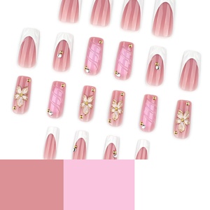 Uñas Postizas Rectangulares Medianas y Duraderas, Estilo Francés, Flor Blanca Tridimensional, <span class=keywords><strong>Manicura</strong></span> - Product Image 4