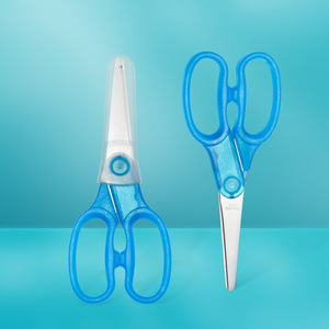 Stainless Steel Student Scissors Blue Straight Head With Sleeve For Paper Cutting And Art Use - Product Image 1