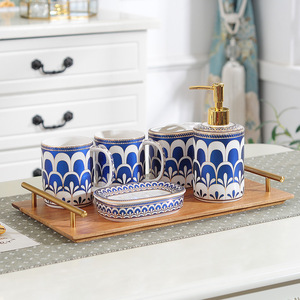 Ensemble de salle de bain 5/6 pièces avec plateau, ensemble d'accessoires de toilette en céramique pour couple, ensemble d'accessoires de lavage en porcelaine - Product Image 1