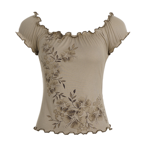 Blusa de Verano para Mujer, Estilo Vintage, Transpirable, Ecológica, con Estampado Digital Floral, Adorno de Volantes, Manga Corta, Corte Ajustado - Product Image 5