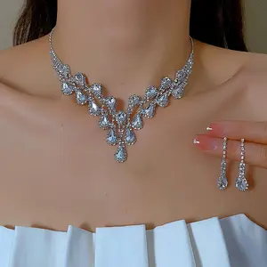 Pendientes de cadena de clavícula con gota de agua de circón, dos conjuntos de joyería de plata elegante a la moda de alta calidad