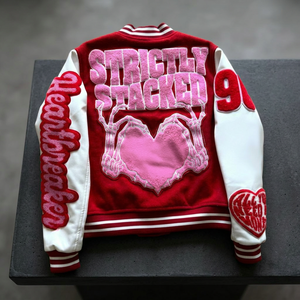 Red Varsity Jacket Embroidered Heartbreaker Patch Money Slogan Preppy Style Genuine Leather Shell Solid Unisex for Autumn Wear - Product Image 3