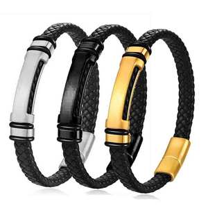 High Quality Personal Engraved Logo <b>Bracelet</b> High <b>Leather</b> Weaving Personalized Stainless Steel <b>Leather</b> <b>Bracelet</b> Men's - Product Image 1