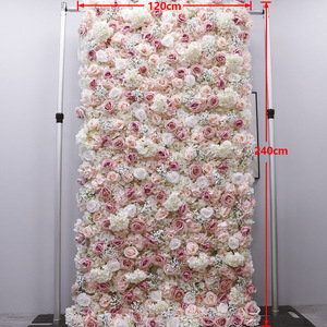 Mur de fleurs artificielles pour mariage, toile de fond 3D 8ft x 8ft, panneau enroulable, roses en tissu blanc et gypsophile rose - Product Image 5