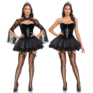Ensemble de costume gothique en dentelle, robe corset noire avec bas résille pour Halloween, cosplay, jeu de rôle - Product Image 1