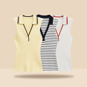 Camisetas sin mangas acanaladas de moda para mujer 2026, chaleco de punto antipilling 100% poliéster con cuello en V, casual, con logo a rayas en la parte delantera y trasera, 240g - Product Image 3