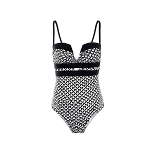 Costume da bagno intero HDJ taglie forti con controllo pancia, stampa geometrica, push-up, scollo profondo, vita alta, in spandex e poliestere - Product Image 2