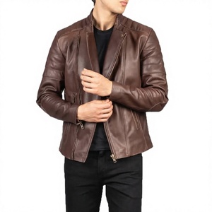 Men's <b>Brown</b> Genuine <b>Leather</b> Windproof Moto <b>Jacket</b> with Zipper Closure Slim Fit Design Front Logo - Product Image 3
