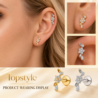 Anting-anting tusuk titanium ASTM F136 berlapis emas 18K dengan ulir dalam, model bunga, cincin tulang rawan, zircon setting cakar, untuk anak-anak, pernikahan
