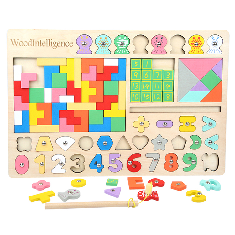 BDJ Digital 5 in 1 Matching Puzzle Early Learning Logarithmic board Colorful Wooden Tangram Brain Teaser Puzzle Toy
