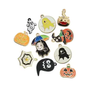 Enamel Halloween Charms Mixed Ghost Pumpkin Bat Spider Cat Hat Alloy Pendant Jewelry Making Accessory