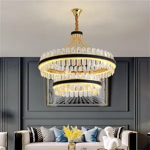 Chandelier Crystal Pendant Lamp Postmodern Home Leather Round Light Fixture for Living Dining Room