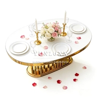 Meubles de mariage en gros, table longue ovale en acier inoxydable doré, plateau en verre miroir blanc, table de salle à manger, table d'hôtel pour mariage