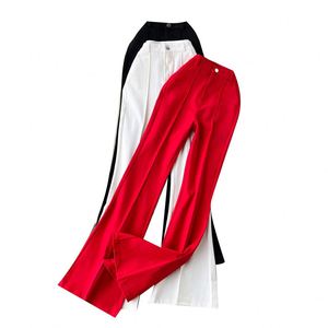 Pantalon long décontracté drapé en polyester/coton respirant pour femme, taille haute, couleur unie, coupe évasée, vente en gros - Product Image 5